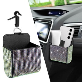 HQRNYP Car Vent Storage Organizer, Coin Holder for Car, Rhinestone Auto Vent Leather Pocket, Universal Car Accessories Bling Automotive Pouch Box with Hook Fit for Sunglasses, Key, Coin (Colorful)