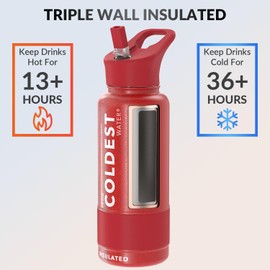 Coldest Insulated Water Bottle with Straw Lid - Stainless Steel Metal Insulated Bottle for Men & Women (Mars Red Glitter, 32 oz)
