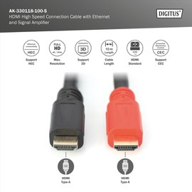 Assmann 10m Male to Male HDMI High Speed with Ethernet Connection Cable with Amplifier - Black