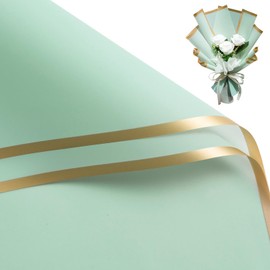 RUSPEPA 20 Sheets Flower Wrapping Paper - Gold Edge Waterproof Floral Bouquet Wrapping Paper - Florist Supplies Packaging for Birthday, Wedding and DIY Crafts - Light Green