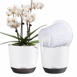 7.2Inch White Orchid Pots with Holes for Repotting, Double-Layer Plastic Self Watering Flower Pots for Indoor Plants with Drainage Holes, Clear Orchid Pot Match Decorative Orchid Container, 1 Pack