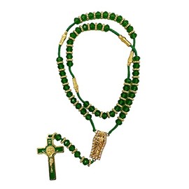 Crystal Beads Catholic Rosary Crucifix Necklace San Judas Recuerdos de Bautizo Communion Religious Gifts (San Judas Green) (Gold)