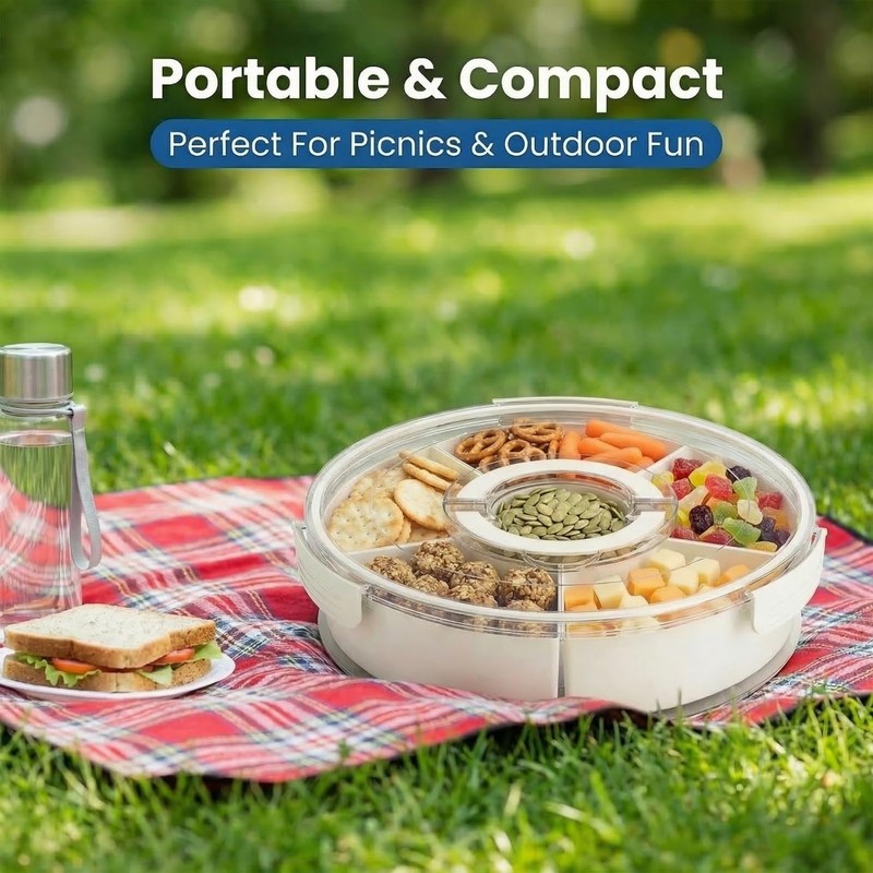 1-Pack Divided Serving Tray with Lid and Handle, 6-Compartment Snackle