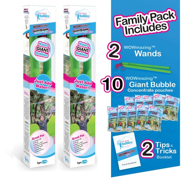 WOWMAZING Giant Bubbles Family Pack - Best Value - Big Bubbles kit Including Big Bubble Wand and Giant Bubble Solution Concentrate (Makes 2 Gallon of Large Bubbles)