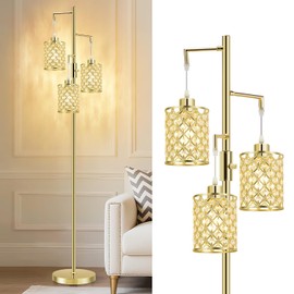 GyroVu Morden Gold Crystal Floor Lamps for Living Room, 3-Light Standing Tall Lamp with Elegant K9 Crystal Shade & Rotary Switch, Modern Corner Floor Lamp for, Bedroom, Home Office, Reading