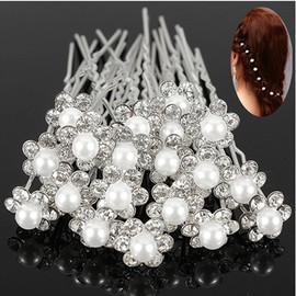 20Pcs Wedding Bridal Faux Pearl Rhinestone Flower Crystal Hair Stick Pins Clips