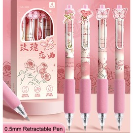 MOZXIRZ 4 Pcs Pink Rose Butterfly Pens Cute Retractable Pen 0.5mm Black Ink Writing Pen Kawaii Aesthetic Gel Pens for Women Girls Kids Men Boy Office School Supplies (Pink)