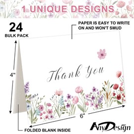 AnyDesign 24 Pack Wildflower Thank You Cards Bulk Pink Flower Greeting Cards with Envelope Sticker Floral Blank Note Cards for Birthday Wedding Baby Shower Bridal Shower, 4 x 6 Inch