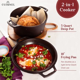 Cuisinel Cast Iron Dutch Oven - 5-Quart Deep Pot - Preseasoned 2-in-1 Multi-Cooker - Combo Lid Doubles as 10"-inch Skillet Frying Pan + Silicone Handle Covers + Scraper - Indoor/Outdoor Bread Cookware