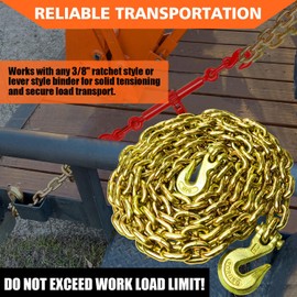 YATOINTO G80 Transport Binder Chain 3/8 Inch x 20 Foot Safety/Binder Chain with Clevis Grab Hooks 7,100 lbs Safe Working Load Logging Chain for Transporting Towing Tie Down Binding Equipment