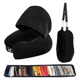 Stuffable Travel Neck Pillow with Hood, Soft Velvet Travel Neck Pillow Stuffable with Clothes, Adjustable Neck Size, Multifunctional Fillable Airplane Travel Neck Pillow for Extra Luggage