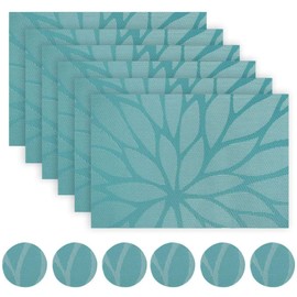 Placemats and Coaster Sets Teal Set of 6 - Woven Vinyl Dinning Table Placemats Heat Resistant Non-Slip Washable Wipe-Clean Place Mats for Home, Kitchen (6 placemats + 6 coasters)(BlueGreen)
