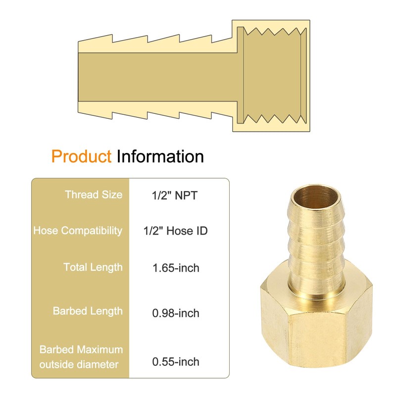 sourcing map 2pcs Brass Barbed Fitting 1/2" NPT Female to