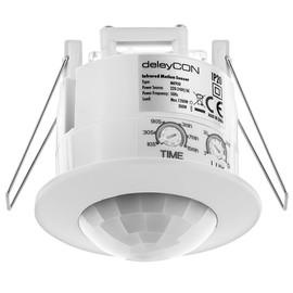 deleyCON 1x Infrared Motion Sensor Flush-Mounted Ceiling Mounting Indoor Light Control 360° Working Area 6 m Range Built-in Light Sensor White