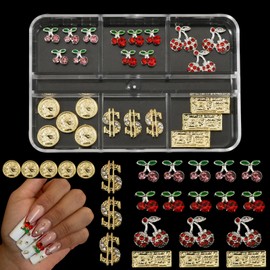 ZUMILLMN 24PCS 3D Nail Charms for Alloy Nails,Set Nail Art Decoration with Gold Dollar, Coin and Cherry,Nail Stones and Jewels Accessories for Nail Supplies Manicure Craft DIY