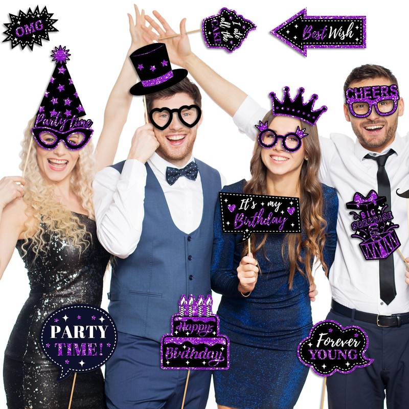 HOWAF 36pcs Birthday Photo Booth Props Glitter Purple Gold Photo