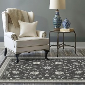 EVERGRACE Area Rugs for Living Room 4x6, Boho Floral Faux Wool Indoor Outdoor Rugs, Washable Rugs for Bedroom Entryway Dining Room Hallyway, Low Pile Floor Mat Carpet for Home Decor, Ebony Black