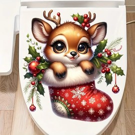 Christmas Deer Sock Toilet Cover Sticker Decals,Fish Bird Flower Leaf Waterproof Toilet Lid Tank Seat Decals Cistern Self-Adhesive Bathroom Wall Sticker