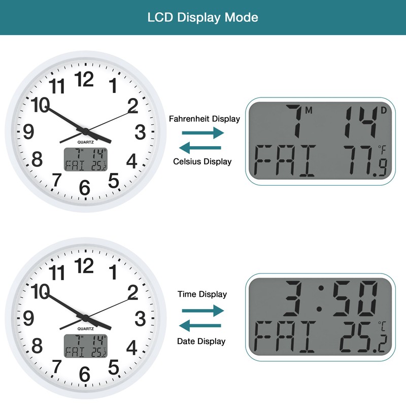Wall Clock, 12 Inch Analog Clock with LED Digital Clock/LCD