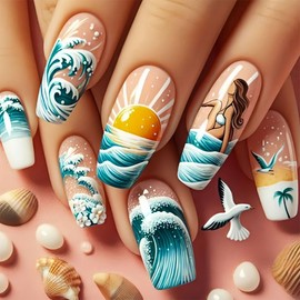 Medium Length Press on Nails Coffin Shaped Fake Nails Cute Summer French Tip Acrylic Nails Reusable Glossy False Nails Seaside Designs Full Cover Glue on Nails for Women DIY Manicure 24Pcs