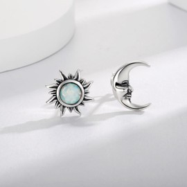Opal Sun and Moon Earrings 925 Sterling Silver Crescent Moon face Vintage Jewelry Gifts for Womem