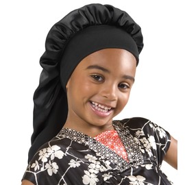 EBONNT Long Satin Night Cap for Kids Boys Girls Double Layer Hat Satin Night Cap Silk Elastic Band Satin Night Hat for Hair Care, Kids long black