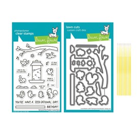 Lawn Fawn Stamp Set Bundle - Backyard Bird Feeder Stamp Set Photopolymer Clear Stamps with Coordinating Custom Craft Die Cuts - with Trebbies Detail Sticks
