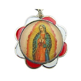 Religious Gifts Mens Womens Catholic Gift Silver Tone with Red Enamel Border Spanish Icon Our Lady of Guadalupe Travel Protection Flower Shape Key Ring