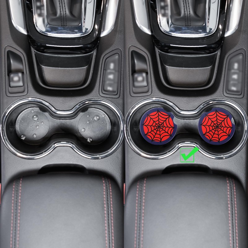 2pcs Red Spider Web Car Coasters, Non-Scratch Cork Base Cup