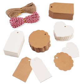 Hoiny Gift Tags, Pack of 200 Cards for Labelling, Paper Tags with String, Kraft Paper Labels for Wedding Gift, Handmade (Brown, White)