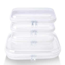 vellichor 4 pcs Clear Hard Zipper Case for Storage, Stackable Waterproof Transparent CLear Pencil Case, Toiletry Pouch, Travel Organiser, Cosmetic Bag, Toy Storage Bins (M+3S)