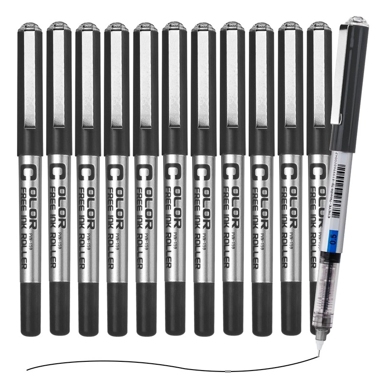 EYEYE Black Rollerball Pens 0.5mm Needle Tip, 12 Pack Extra