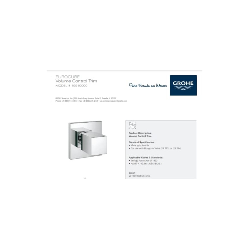Grohe 19910000 Eurocube Single-Handle Volume Control Valve Trim Kit