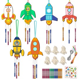 TREACLUB 12PCS Rocket Wind Chime Kit for Kids Make Your Own Space Wooden Wind Chime DIY Coloring Wood Crafts Outer Space Crafts Ornaments for Boys Girls School Activities Party Decoration