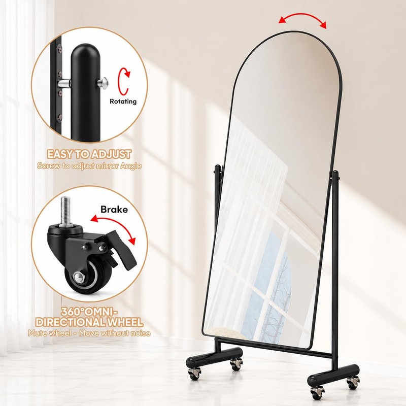 Arched Full Length Mirror with Wheels 65" x 24", Adjustable
