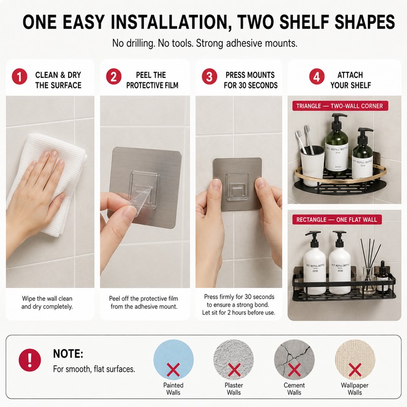 No-Drill Bathroom Shelf Wall Mounted Shower Storage Rack