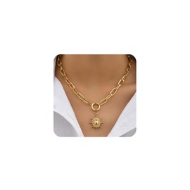 Nojess Gold Necklace for Women 18K Gold Plated Sun Paperclip Link Chain Necklaces Sunflower pendant necklaces Chunky Gold Sunshine Celestial Necklaces Minimalist Jewelry (Sun Necklace)