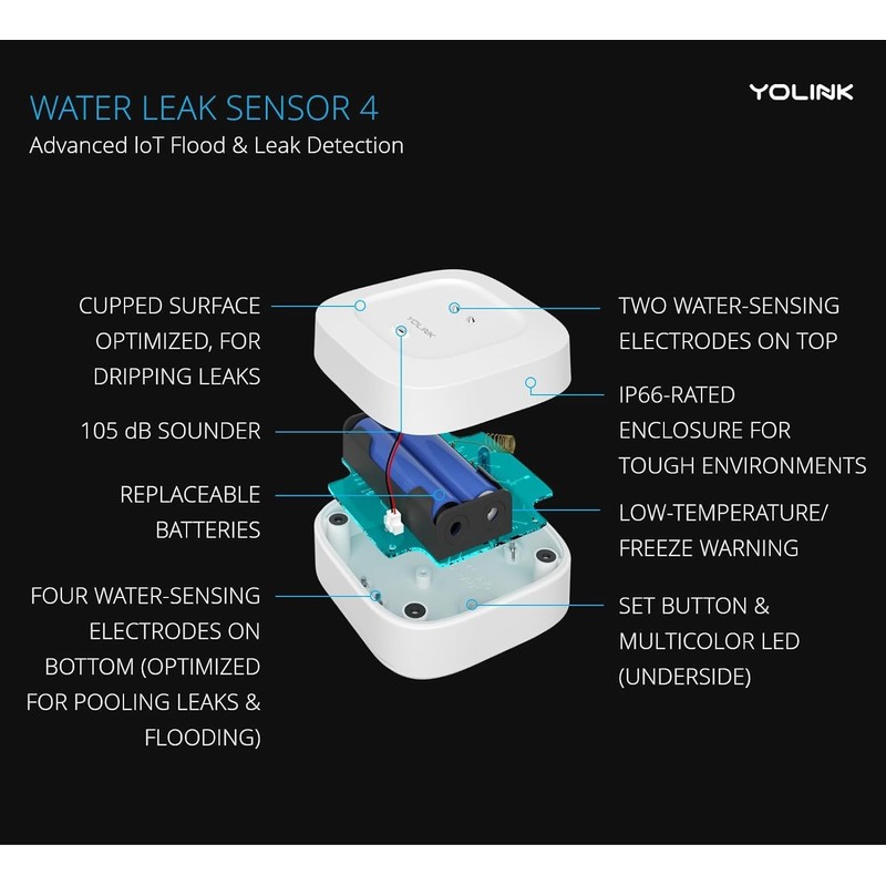 Water Leak Sensor 4 with 105dB Audio Alarm 3-Pack, SMS/Text,