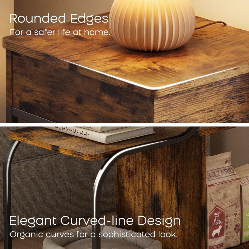 End Table with Charging Station, 3-Tier Sofa Side Table Sliding