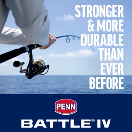 Penn Battle IV Spinning Fishing Reel, Full Metal Body and Side Plate, CNC Gear Technology, Hydro-Armor Seals Critical Areas from Water Infiltration, HT-100 Drag System, Size 1000