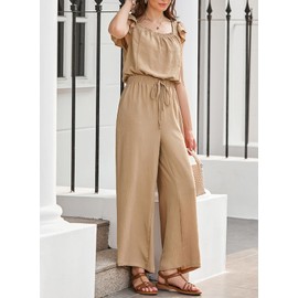Dokotoo Women's Jumpsuit 2025 Summer One Piece Square Neck Flowy Office Overalls Drawstring Adjustable Waisted Petite Wide Leg Cruise Outfits Plus Size with Pockets,Apricot Medium
