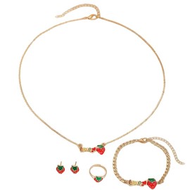 MenYiYDS 5 Pcs Alloy Cute Strawberry Necklace Earrings Ring Bracelet Fruit Strawberry Shaped Earrings Necklace Small Accessories Jewellery Gifts Party Supplies