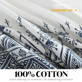 CozyDH Duvet Cover Queen Size - 100% Cotton Boho Aztec Blue White Cream Bohemian Geometric Duvet Cover Set, 400TC Ultra Soft & Lightweight 3pcs Bedding Set with 8 Ties(90x90, No Comforter)