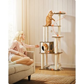 Feandrea Feandrea WoodyWonders Cat Tree, 65-Inch Modern Cat Tower for Indoor Cats, Multi-Level Cat Condo with 5 Scratching Posts, Perch, Washable Removable Cushions, Cat Furniture, Rustic Brown UPCT166X01