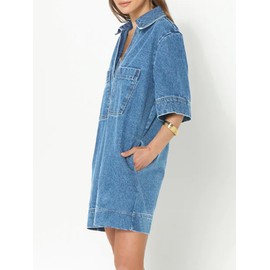 Fisoew Womens Denim Shirt Dress Summer Collared V Neck Mini Casual Jean Dresses with Pockets Light Blue