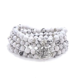 Versatile 108 Stone Bead Mala Necklace with Yoga Charm - Wearable as Bracelet (Howlite)