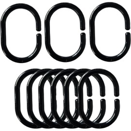 Plastic Shower Curtain Rings Hooks for Bathroom Shower Window Rod (Black 12 Pack)