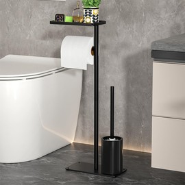 Modern Free Standing Toilet Paper Holder, Black Metal Storage Stand with Shelf, Detachable Brush Holder, Bathroom Tissue Roll Organizer