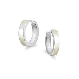 Sterling Silver Tiny Small Mother of Pearl 15mm Round Huggie Hoop Earrings for Women