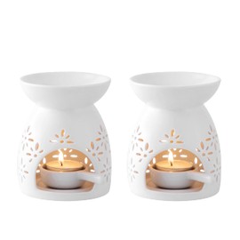 LOVECASA Essential Oil Burners Set of 2, Ceramic Wax Melt Burners, White Aroma Burner, Oil Diffuser, Candle Tealight Holder for Aroma Oil and Wax Melts, Home Office Decor, Flower Pattern
